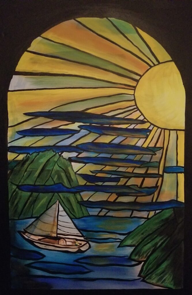 Sunset- 24"x36" Acrylic $1,500  This painting is part of my series that I call "Stained Glass"
Sailing of the Virgin Islands at sunset.