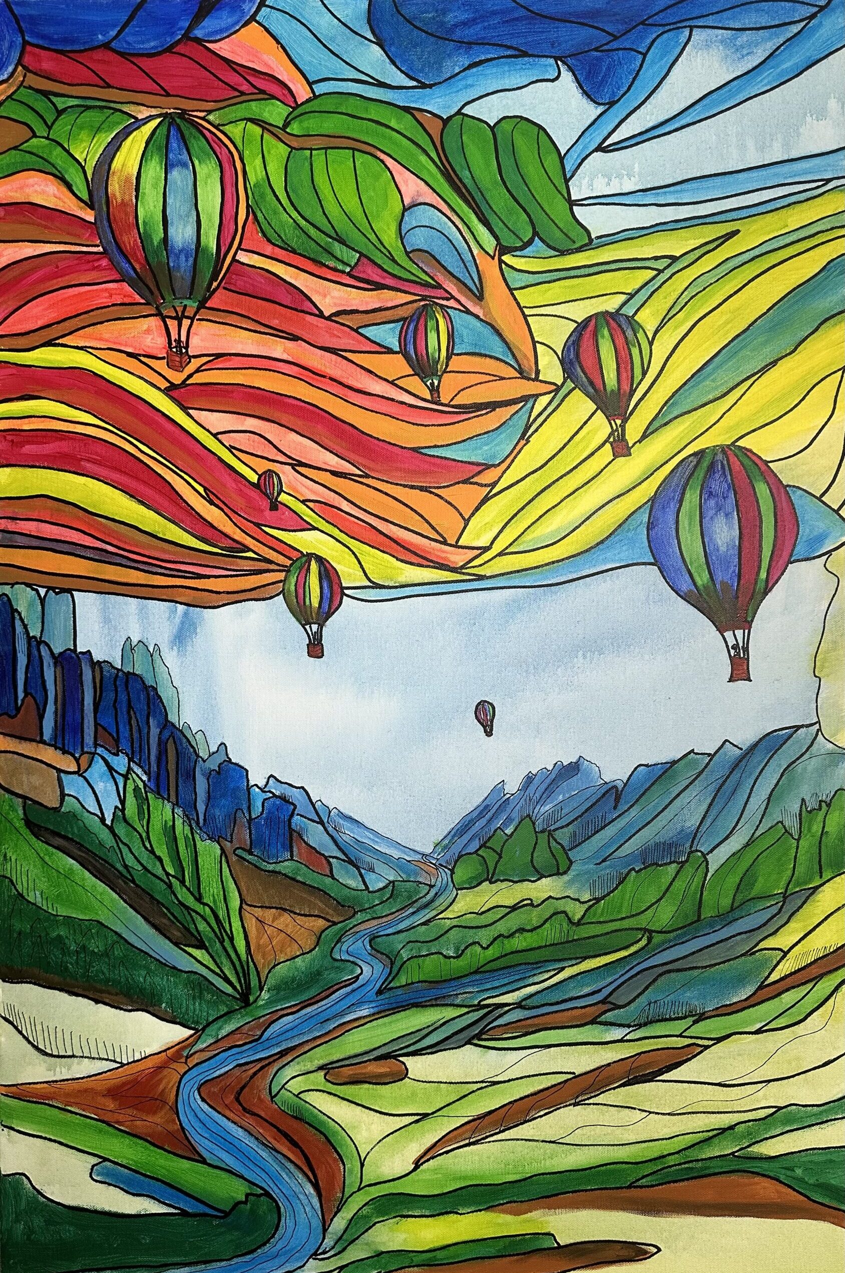 "Ascending Dreams" captures the whimsical journey of hot air balloons drifting over a vibrant landscape. With sweeping curves and bold colors, this acrylic painting on canvas immerses viewers in a dreamlike aerial adventure. The detailed interplay of natural elements and floating balloons conveys a sense of freedom and exploration, making it a captivating piece for any space. Available at $1,500, this artwork brings a touch of wanderlust and joy to your collection.